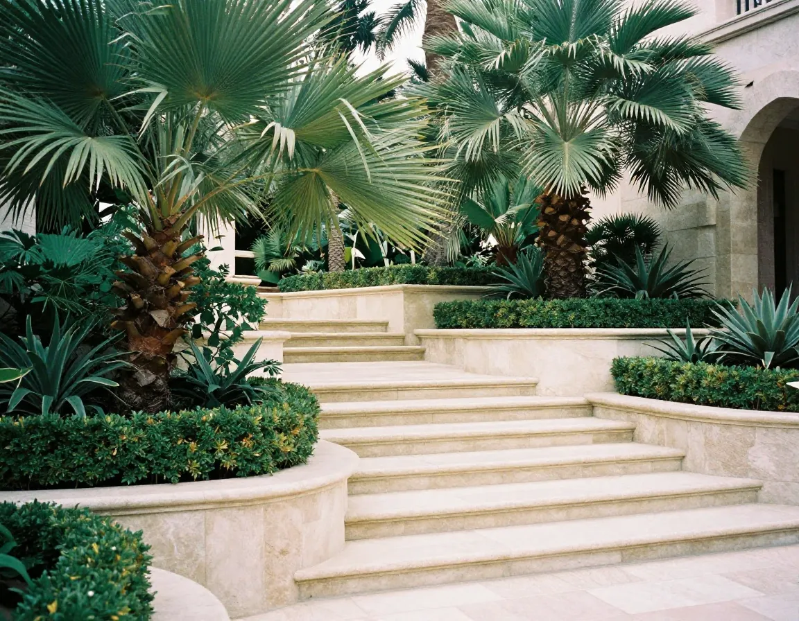Luxury landscape design featuring custom stonework and mature specimen plantings